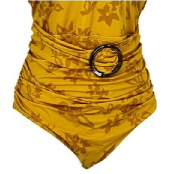 Swimsuit Classic Gathered Faux Belted Floral One Piece in Dark Yellow Size Small - Picture 3 of 7